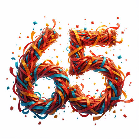 The number 65 is formed by intertwined red, orange, and blue ribbons, surrounded by confetti on a white background, perfect for a birthday card illustration.の素材