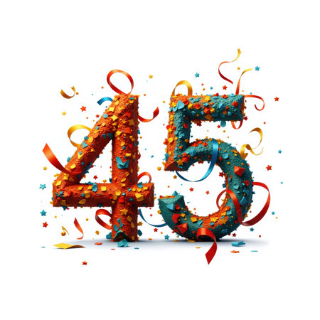 The number 45 is depicted in a festive illustration for a birthday card, with the 4 in orange and the 5 in blue, both adorned with confetti and ribbons on a white background.の素材