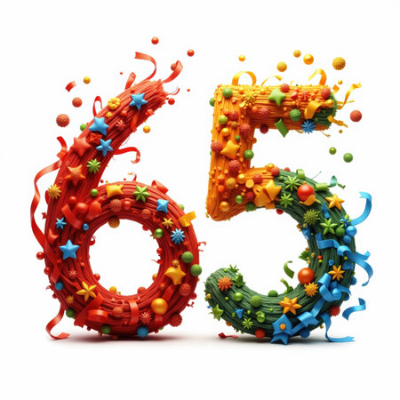 The number 65 is depicted in a colorful, textured style, with the '6' in red and the '5' in orange and green, adorned with stars, ribbons, and ornaments on a white background.の素材