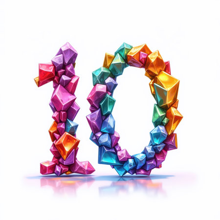 The number 10 is depicted using multicolored gemstones on a white background, making it a vibrant illustration for a birthday card.の素材
