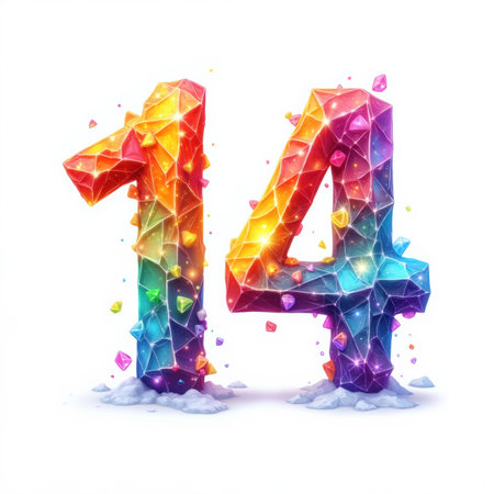 The number 14 is depicted as a colorful crystal formation on a white background, sparkling with rainbow colors and surrounded by small crystal fragments, illustration for a birthday card.の素材
