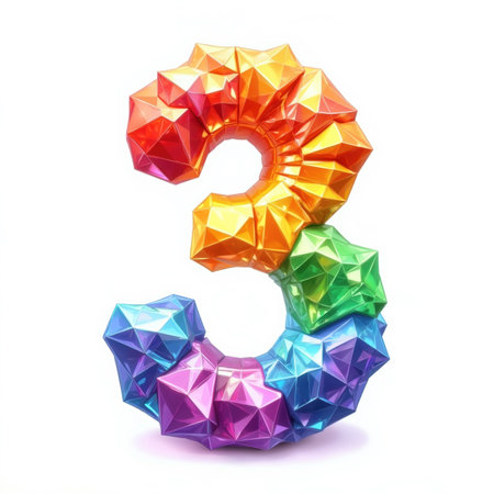 The number 3 is crafted from multicolored, shiny gemstones on a white background, an illustration for a birthday card.の素材