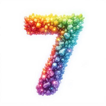 The number 7 is formed by colorful gems, sparkling brightly on a white background, creating a vibrant illustration for a birthday card.の素材