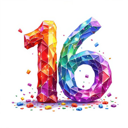 Colorful, faceted 16 surrounded by sparkling gemstones on a white background, perfect for a 16th birthday card illustration.の素材