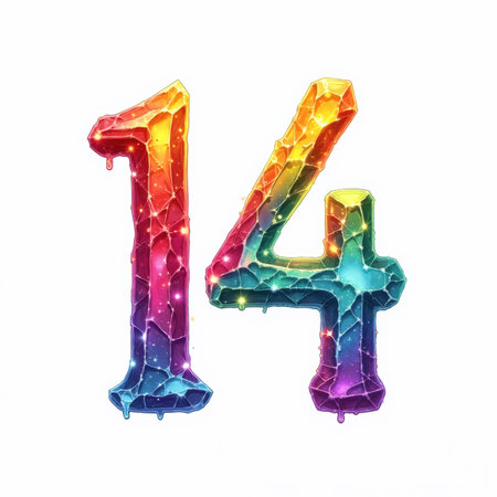 The number 14 is depicted as a colorful, gem-like illustration with a rainbow gradient, sparkling lights, and a dripping effect, on a white background, a beautiful birthday card illustration.の素材