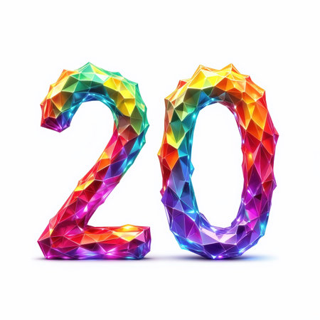 The number 20 is a vibrant, rainbow-colored, faceted illustration on a white background, perfect for a birthday card.の素材