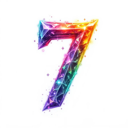 The number 7 is depicted as a colorful, gemstone-like illustration on a white background, surrounded by small stars, making it a beautiful birthday card.の素材