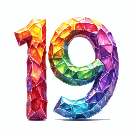 The number 19 is depicted as a vibrant, multi-colored gemstone on a white background, making it a beautiful birthday card illustration.の素材