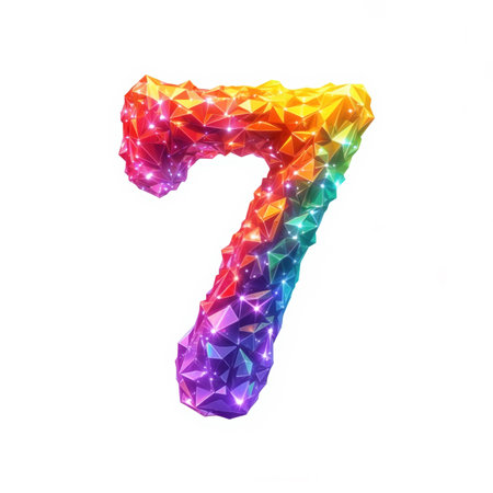 The number 7 is depicted in a rainbow color scheme, made up of small, shiny, faceted geometric shapes that give it a sparkling appearance, on a white background.の素材