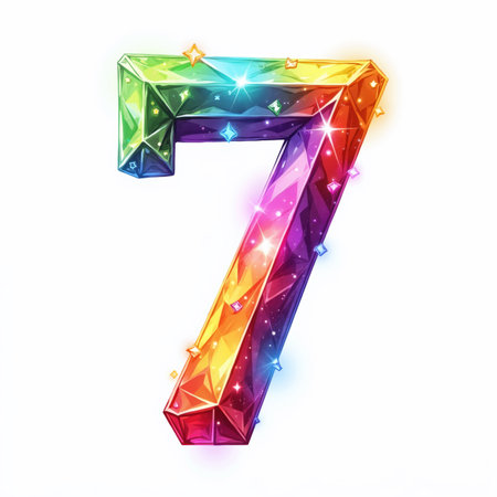 The number 7 is depicted as a diamond-like figure with a rainbow color scheme, adorned with sparkling stars and gems on a white background, making it a beautiful illustration for a birthday card.の素材