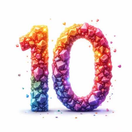 The number 10 is made up of colorful gemstones in a rainbow of colors, sparkling with light on a white background, an illustration for a birthday card.の素材