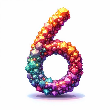 The number 6 is formed by numerous colorful gems, shining brightly on a white background, perfect for a birthday card illustration.の素材