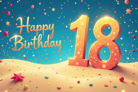 Vibrant illustration of 18 surrounded by colorful confetti and stars, with Happy Birthday in gold script.の素材