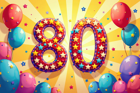 Vibrant illustration of the number 80, adorned with stars and surrounded by multicolored balloons and star confetti against a bright yellow sunburst background.の素材