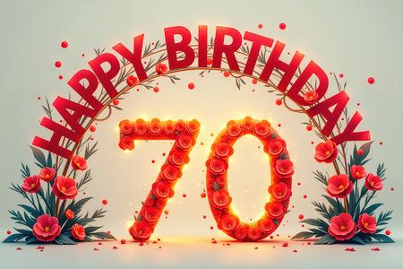 A bright HAPPY BIRTHDAY text in red, arched over a large, glowing 70 made of roses, surrounded by lush greenery and vibrant red flowers on a light background, perfect for a 70th birthday celebration.の素材