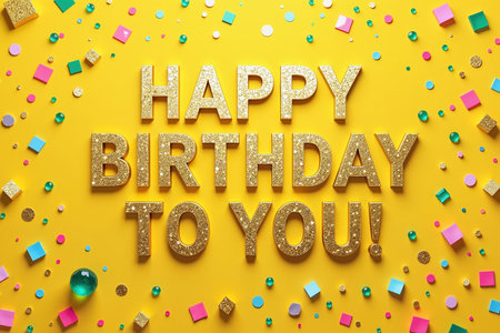 Gold glittery letters on a bright yellow background surrounded by colorful confetti and decorations.の素材
