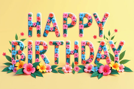 The image features HAPPY BIRTHDAY in large, floral letters with colorful flowers and green leaves on a pale yellow background.の素材