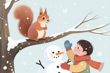 A cartoon boy builds a snowman while a squirrel watches from a snowy tree branch, in a whimsical winter scene.の素材