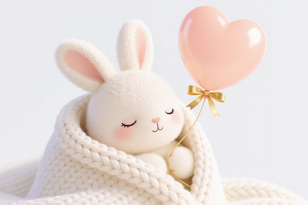 A white bunny wrapped in a blanket sleeps peacefully with a pink heart-shaped balloon tied with a golden ribbon, against a soft white background.の素材