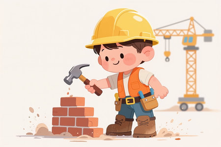 Cartoon boy in hard hat and vest building a brick wall with a crane in the background.の素材