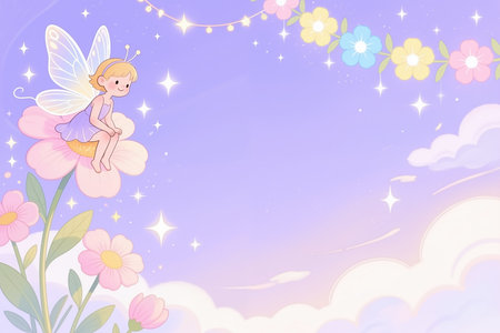 A cartoon fairy with blonde hair and transparent wings sits on a large pink flower, surrounded by pastel flowers, clouds, and sparkles, in a soft, dreamy, and whimsical style.の素材
