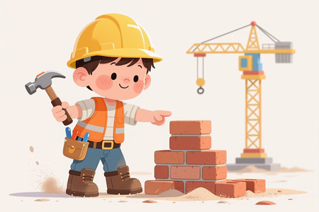 Cartoon boy in yellow hard hat and orange vest holding hammer, pointing to brick pile, with crane in background.の素材