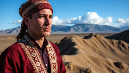 A man from Central Asia, wearing a traditional embroidered hat and jacket, stands in a desert with mountains in the background.の素材