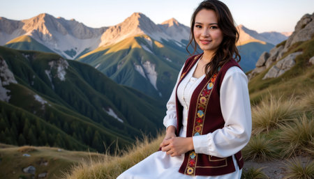 A smiling woman with dark hair stands in a picturesque mountain setting, wearing a white dress with an embroidered vest.の素材