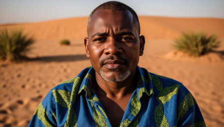 A mature African man with short hair and a neatly trimmed beard stands in a vast desert landscape, wearing a vibrant blue and green patterned shirt.の素材