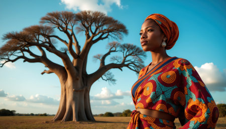 A beautiful African woman in a colorful dress and headwrap stands gracefully beside a majestic baobab tree in a serene savannah.の素材