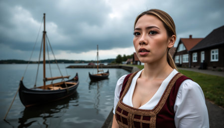 A woman in a traditional Norwegian dress stands by a serene body of water with Viking boats in the background, under a cloudy sky.の素材