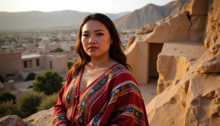 A woman with dark hair and a red patterned dress stands atop ancient ruins overlooking a desert town with mountains in the background.の素材