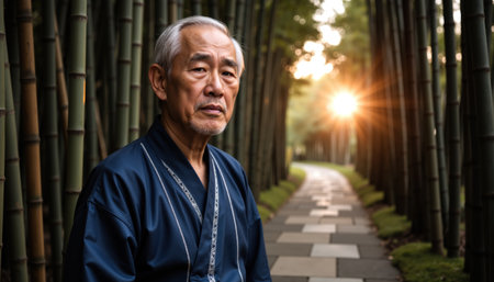 An elderly Japanese man with gray hair and a blue kimono stands in a serene bamboo forest.の素材