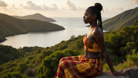 A woman, possibly of African descent, with braided hair and wearing a colorful, patterned outfit, sits serenely on a cliff overlooking lush greenery and a tranquil bay.の素材