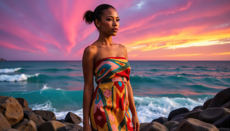 A woman with hair tied back wearing a colorful strapless dress stands on a rocky beach at sunset with vibrant skies.の素材
