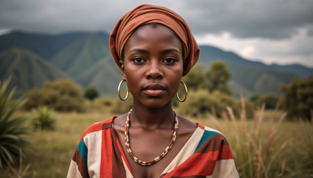 African woman with headscarf and colorful attire stands in a serene, mountainous landscape with tall grasses.の素材