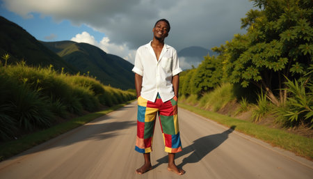 A Caribbean man with short hair, wearing a white shirt and colorful patchwork pants, stands barefoot on a road surrounded by greenery and mountains.の素材