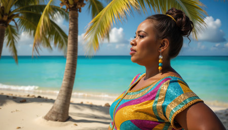 A woman with her hair in a bun, wearing a colorful, patterned dress, stands on a sandy beach with turquoise waters and palm trees.の素材