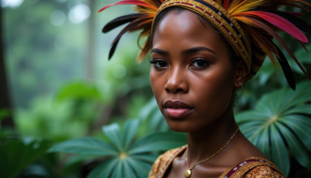 A stunning African woman adorned with a vibrant feathered headdress, wearing a gold necklace, surrounded by lush green foliage.の素材