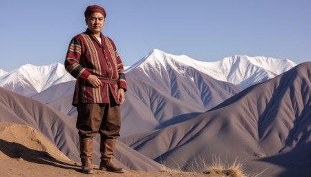A man in traditional clothing, including a striped jacket and headscarf, stands confidently in a rugged, mountainous environment with snow-capped peaks.の素材