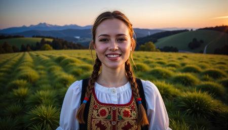 A cheerful woman wearing a traditional Austrian dirndl with braided hair stands in a lush green field at sunset, with rolling hills and distant mountains in the background.の素材