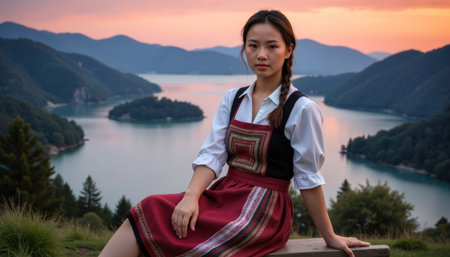 A woman in traditional attire with braided hair sits on a wooden railing, overlooking a serene lake and mountains during sunset.の素材