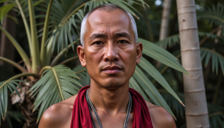 A serious-looking Asian man with short gray hair and wearing a red cloth stands outdoors among lush green palm trees.の素材
