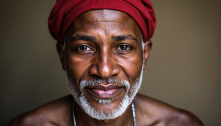 A mature African man with a warm smile, wearing a red headwrap, and a silver necklace, posing indoors.の素材