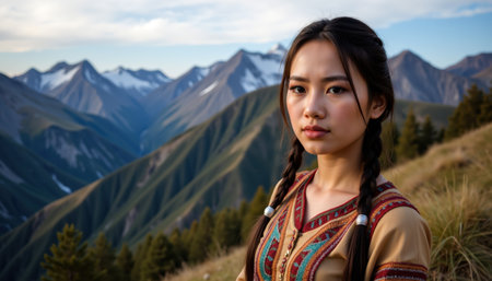 A woman of Asian descent stands in a serene mountainous landscape, her hair in braids, wearing a colorful traditional outfit.の素材