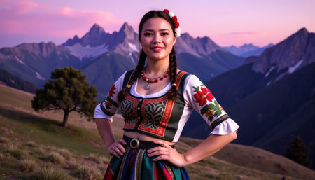 A woman in traditional Bavarian attire, with braided hair and floral accessories, poses against a scenic mountain backdrop at sunset.の素材