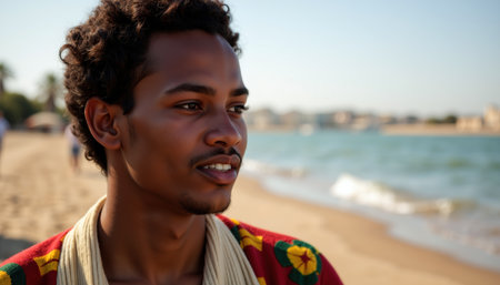 A young man with curly hair, wearing a colorful sweater, smiles warmly on a sunny beach with waves and a distant cityscape.の素材