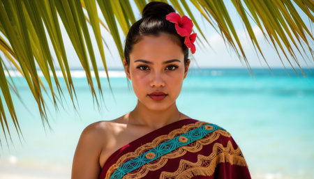 A Polynesian woman with dark hair and a red hibiscus flower, wearing a traditional burgundy and gold dress, stands by a palm tree on a beach with turquoise waters.の素材