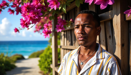 A man, presumably of African descent, stands near the sea, framed by vibrant pink flowers, wearing a striped shirt and a necklace.の素材
