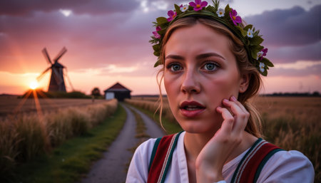 A Lithuanian woman in a traditional folk dress with a floral wreath, blonde hair, standing in a rural setting with a windmill and sunset.の素材